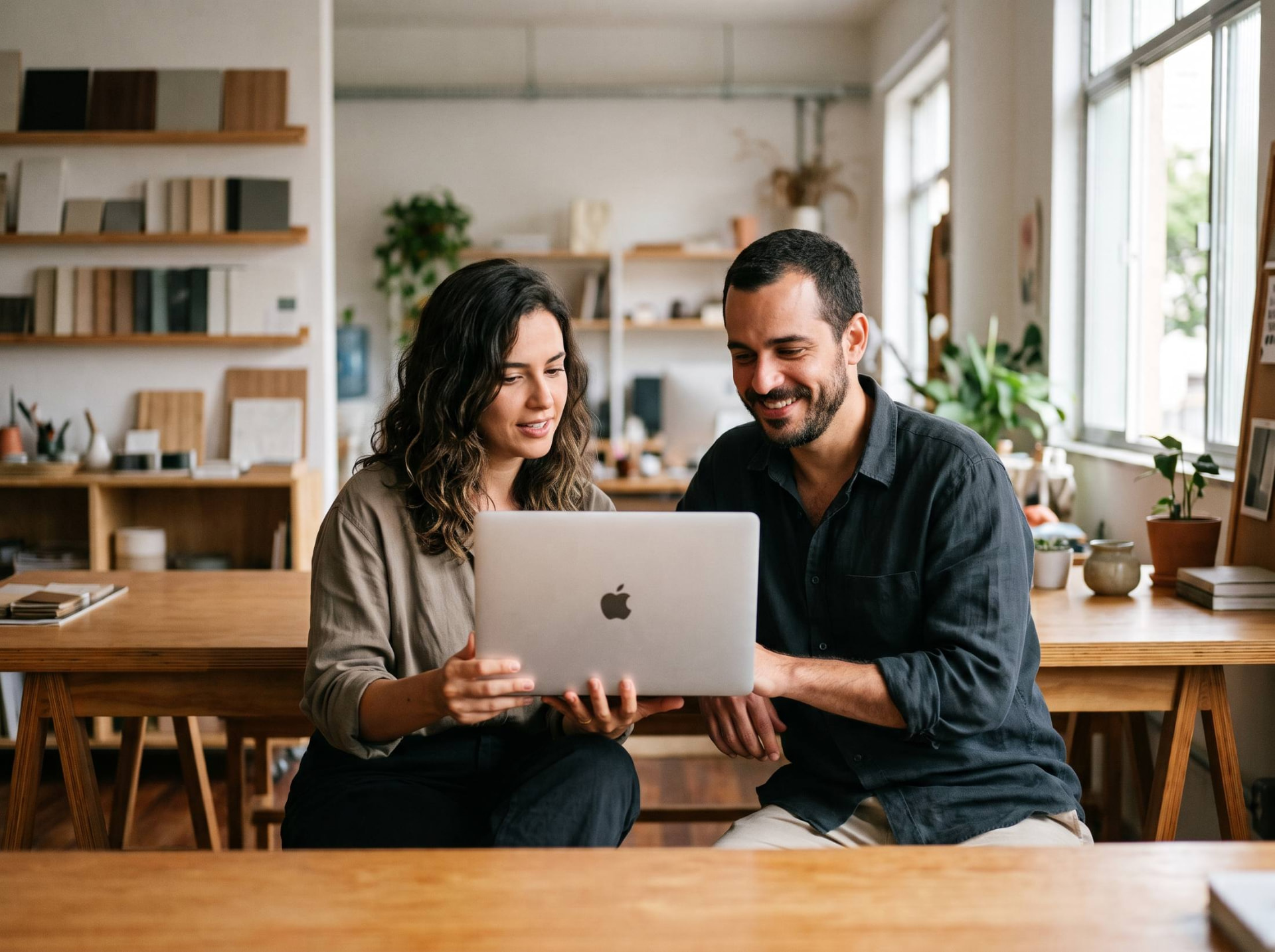 Dois sócios de um pequeno negócio olham juntos o site novo no notebook e sorriem